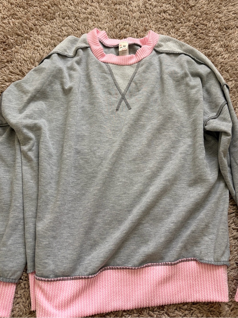 7th Ray Gray Pullover with Pink Rib Trim